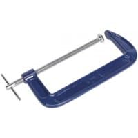 Blue Sealey G-Clamp with 250mm opening, silver threaded screw, and T-bar handle.