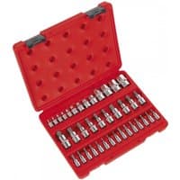 Red Sealey socket and bit set with 38 pieces in a molded case, featuring various sizes of Trx-Star and security sockets.
