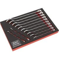 Sealey 12-piece metric combination spanner set in black foam tray, featuring polished chrome finish and red accents.