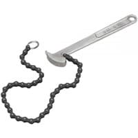 Sealey oil filter chain wrench with silver handle and black adjustable chain, fits Ø60-140mm filters.