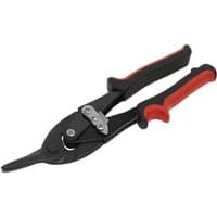Black and red Sealey aviation tin snips with angled blades for left cuts and ergonomic handles.