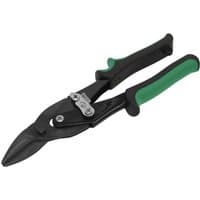 Black and green Sealey AK6906 aviation tin snips with right cut angled blades and ergonomic handles.