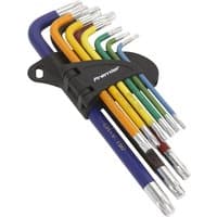 Colorful 9-piece long Torx key set with L-shaped design, each key in a different color, held in a black organizer.