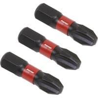 Black Sealey Phillips #3 impact power tool bits, 25mm, with red bands, set of three.