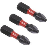 Black and red Sealey Pozi #2 impact power tool bits, 25mm, set of 3 with hex shank and precision tips.