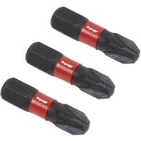 Black Sealey Pozi #3 impact bits, 25mm, with red bands, set of three.