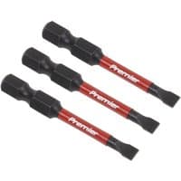Three black and red Sealey slotted 4.5mm impact power tool bits, 50mm long, with hexagonal shanks and flat tips.