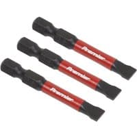 Three black and red Sealey slotted impact power tool bits, 6.5mm, 50mm length, with "Premier" branding.