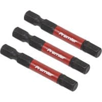 Set of three black and red Sealey hex 6mm impact power tool bits, 50mm long, with "Premier" branding.