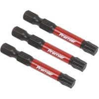 Set of three Sealey T40 impact bits, black tips with red shafts labeled "Premier," 50mm length.