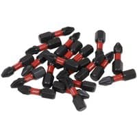 Black and red Sealey Pozi #2 impact power tool bits, 25mm, 20-piece set scattered on white background.