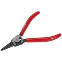 Red-handled Sealey circlip pliers with straight nose, black metal tips, and 180mm length for external circlips.