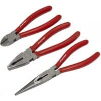 Sealey AK8564 pliers set, includes red-handled diagonal, combination, and long nose pliers with polished steel jaws.