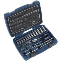 Sealey AK8990 33 piece socket set in blue case with various chrome sockets, ratchet, and extensions.