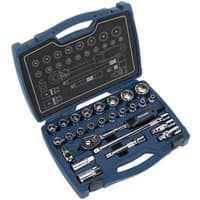 Blue Sealey 26-piece socket set in a hard case, featuring various sockets, ratchet, and extensions neatly organized.