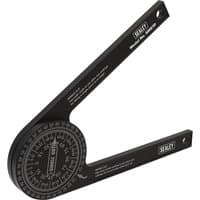 Black Sealey Aluminium Mitre Saw Protractor with engraved white measurement markings and pivoting arms.