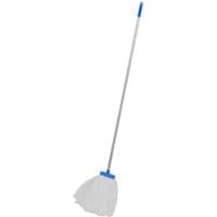 Sealey aluminium mop with long silver handle and blue grip, featuring a white disposable mop head.