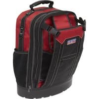 Red and black Sealey AP520 heavy duty tool backpack with multiple compartments and sturdy zippers.