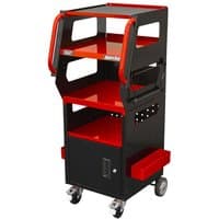 Black and red Sealey diagnostics trolley with four shelves, side handles, and caster wheels.