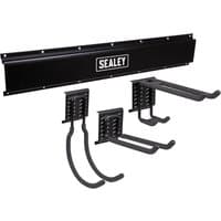 Sealey APH 4 Piece Storage Hook Kit with black metal rail and four gray hooks for multipurpose organization.