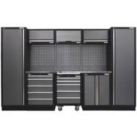 Sealey Superline Pro storage system with stainless worktop, tall cabinets, drawers, and pegboard in black and grey.