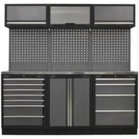 Black and grey storage system with stainless steel worktop, multiple drawers, cabinets, and perforated back panel.