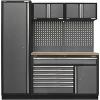 Black and silver Sealey storage system with pressed wood worktop, tall cabinet, drawers, and overhead compartments.