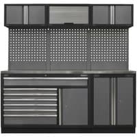 Sealey storage system with stainless steel worktop, black frame, multiple drawers, cabinets, and perforated back panel.