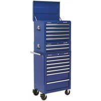 Blue Sealey tool chest combo with 14 drawers, ball-bearing slides, topchest, mid-box, and rollcab on wheels.