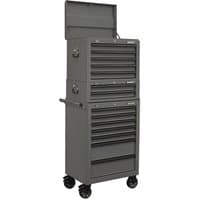 Grey Sealey 14-drawer tool chest with ball-bearing slides, topchest, mid-box, rollcab, and wheels for mobility.