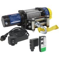 Sealey ATV2040KIT 12v winch kit with black motor, steel cable, yellow hook strap, remote control, and power cord.