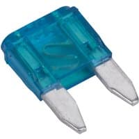 Blue Sealey automotive mini blade fuse with transparent casing and two metal prongs.