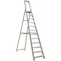 Aluminium 12-tread step ladder with wide base, safety rails, and stabilizing crossbars, industrial-grade by Sealey.