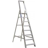Aluminium 8-tread step ladder with wide steps and sturdy frame, designed for industrial use by Sealey.