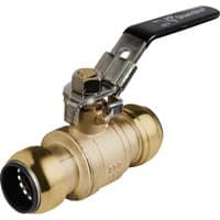 Brass Sealey ball valve with black lever handle for SharkBite Speedfit systems, featuring push-fit connections.