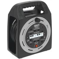 Black Sealey cable reel box with handle, four 230V sockets, 15m cable, and thermal trip feature.