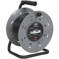 Gray Sealey cable reel with black handle, 50M cable, four 230V sockets, and thermal trip feature.