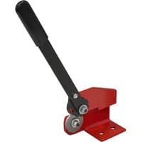 Red and black Sealey bench mount sheet metal disc cutter with long handle and circular cutting blade.
