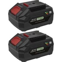 Black Sealey 20v cordless Li-ion battery pack, red accents, charge indicator, pack of 2.