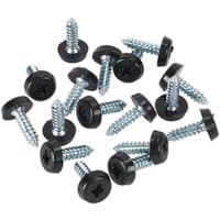 Black plastic enclosed head number plate screws with silver metal threads, scattered on a white background.