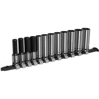 Sealey Black Series 12 Piece 3/8" Drive Deep Hexagon Socket Set with sleek black and silver finish on a rail.