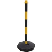 Black and yellow striped post with octagonal black base and circular top cap.
