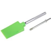 Green Sealey trim removal tool with flat blade and metal handle, includes a separate metal rod attachment.