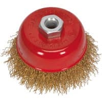 Red Sealey brassed wire cup brush with dense golden bristles and a central hexagonal nut fitting.