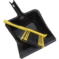 Black Sealey Bulldozer yard dustpan with a yellow and black brush set, featuring a wide mouth and ergonomic handle.