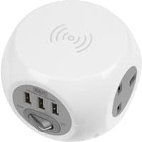 White Sealey extension cube with wireless charging, three USB sockets, and multiple power outlets.
