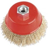 Brassed steel cup brush with red base, 100mm diameter, M14 x 2mm threaded center.