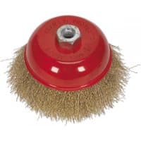 Red brassed steel cup brush with dense wire bristles, Ø125mm, M14 x 2mm threaded center.