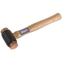 Copper faced hammer with black head, wooden hickory shaft, and Sealey logo on the handle.