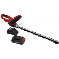 Red Sealey cordless hedge trimmer with black blade, 20V battery, and charger included.
